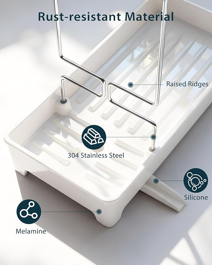 Ceramic-Look Sink Caddy, Rustproof Sponge Holder for Kitchen Sink with 304 Stainless-Steel Brush Holder, Countertop Rack Organizer with Raised Ridges & Silicone Drain Tube (Ceramic White)