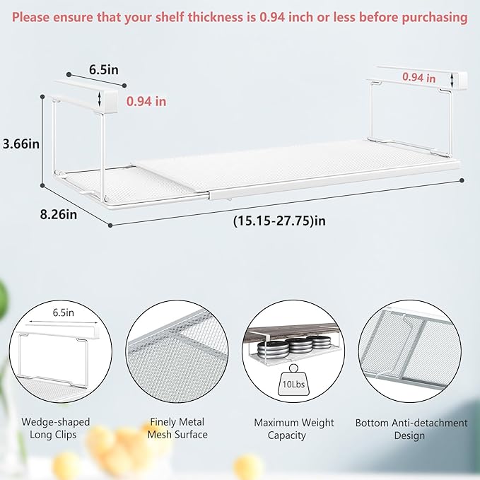 Expandable Under Cabinet Shelf, Extendable Under Shelf Storage with 0.94 Inches Thick Clips for Pantry Cabinet, Laundry Room, Shoe Rack.(White, 1 Pack, Interior: 3.66" H x 8.26" D)