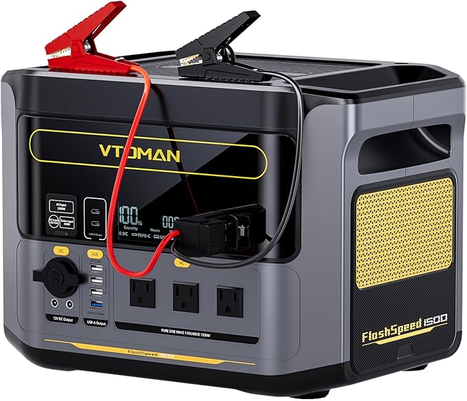 VTOMAN FlashSpeed 1500 Portable Power Station with Jumper Cables, 1548Wh LiFePO4 Solar Generator & Car Jump Starter, Recharge 0-100% in 1H, 1500W AC Output/Input, for Outdoor, Home, Roadside Rescue