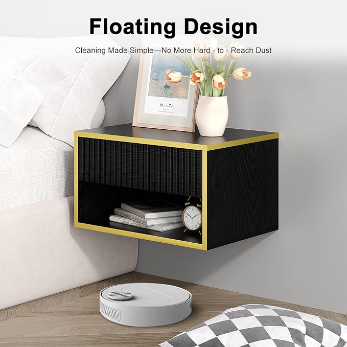 4ever2buy Floating Nightstand Set of 2, Modern Wall Mounted Nightstand with Open Shelf and Fluted Drawer, Black and Gold Night Stand for Bedroom, (Black, 2)