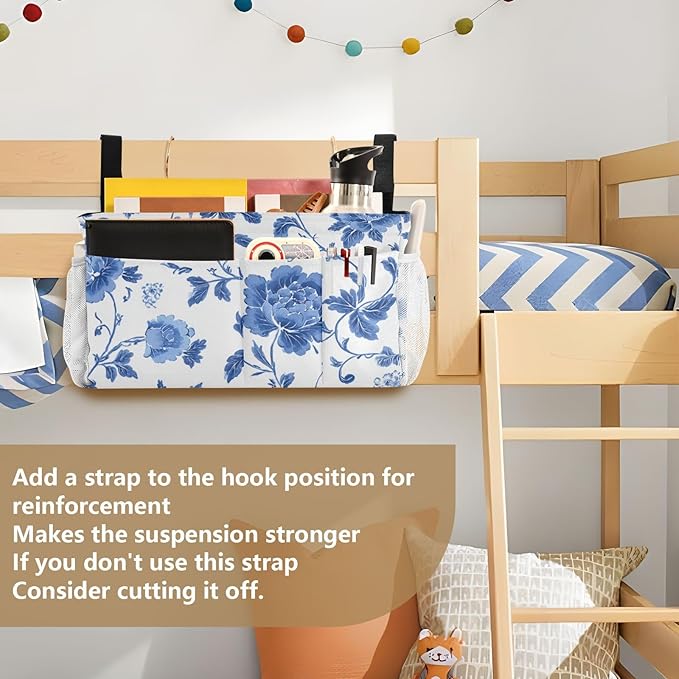 Flowers Blue and White Pattern Bedside Caddy for Dorm Bed Bedside Hanging Caddy Bag Iron Frame Storage Organizer Pocket for Bunk Home College Hospital Beds 2 Hooks