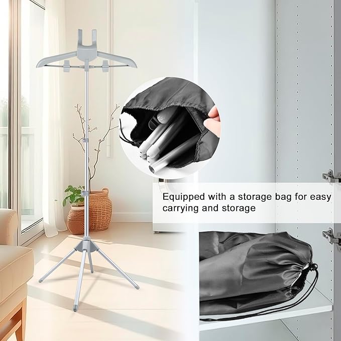 Foldable Garment Steamer Hanger Stand with Ironing Gloves, Adjustable Steamer Rack Included Lint Remover & Storage Bag 2 Clips for Suits Shirts Coats Portable Travel Home Use