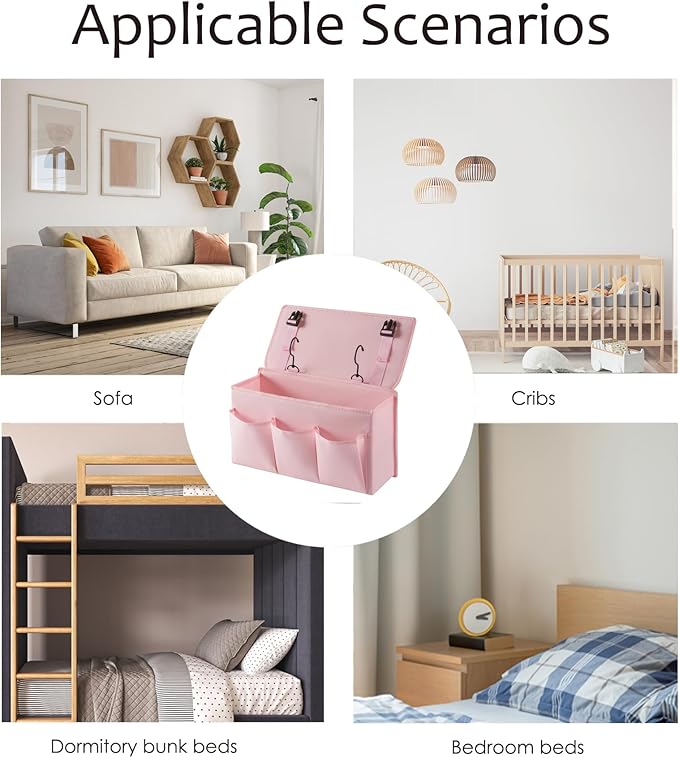 Bedside Caddy Bedside Storage Organizer,Bed Caddy With Thickened Material Suitable for Homes, Dormitories, Hospitals, Cribs, RVs，Great for Magazines,Books,Remote, Phone (Pink)