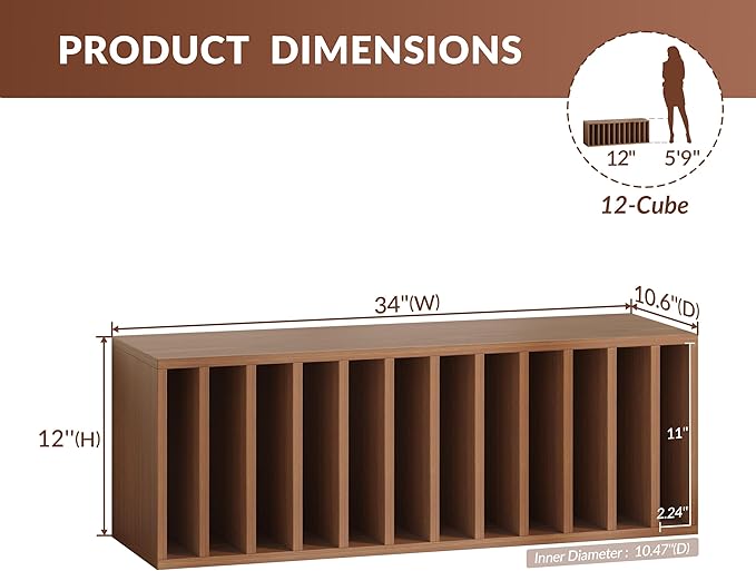 IOTXY DIY Modular Cube Bookcase - CubeXY Customizable Stackable Expandable Basic Shelving Units, 12-Cube Wooden Open Bookshelf with Removable Shelves for Vinyl Record Storage Organizer, Walnut