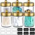 Amolliar 6Pc Apothecary Jars Bathroom Vanity Organizer- Rustic Farmhouse Decor Storage Canister with Stainless Steel Lids- Qtip Dispenser Holder for Q-Tips,Cotton Swabs,Rounds,Ball,Flossers (Gold)