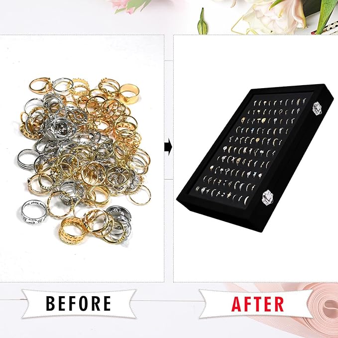 Velvet Ring Display Tray Organizer Box with Transparent Lid, 100 Slot Ring Holder Showcase For Store Display Jewelry Show Home, Ring Organizer For Rings Earrings (Black)