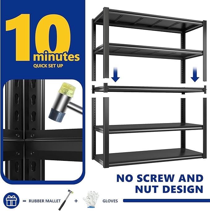 REIBII 48" W Garage Shelving 2500LBS Storage Shelves 5 Tier Heavy Duty Shelving Adjustable Garage Shelves for Warehouse, Pantry, Easy Assemble, 48.2''W X 72''H X18''D
