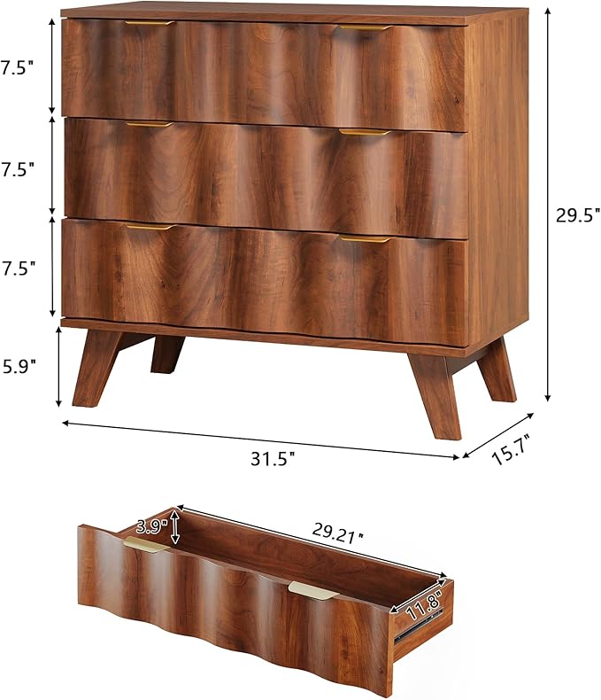 3 Drawer Dresser, Fluted Chest of Drawers with Handles for Closet, Large Nightstand with 3 Drawers Accent Cabinet for Bedroom, Living Room, Hallway (Walnut)