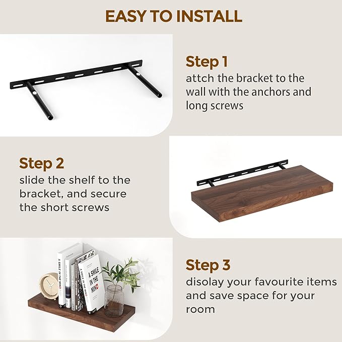 Floating Shelves 48 Inch Long, 48"W x 9.3"D Wall Shelf Invisible Bracket, 9.3 Inch Deep Floating Shelf for Wall, Rustic Wooden Shelves for Living Room, Kitchem, Bedroom, Walnut Color, Set of 1