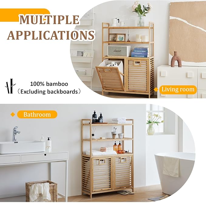 Double Tilt Out Laundry Hamper, Bamboo Hamper with 2 Removable Bags, Pull Out Laundry Hamper Cabinet, Bathroom Storage Shelf for Laundry Room, Living Room, Bedroom (3-Tier, Natural)