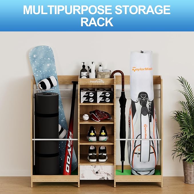Golf Bag Storage Organizer for Garage, Premium Wooden 2 Golf Bags Rack with Drawer, Easy Assemble Golf Club Stand/Holder Suitable for Garage Home Simulator and Office