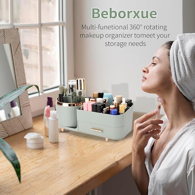 Makeup Organizer for Vanity, Cosmetic Display Case with Drawers, Fits Makeup, Skincare Products, Brushes, Lipsticks, and Other Accessories, Versatile Storage Solution (Green)