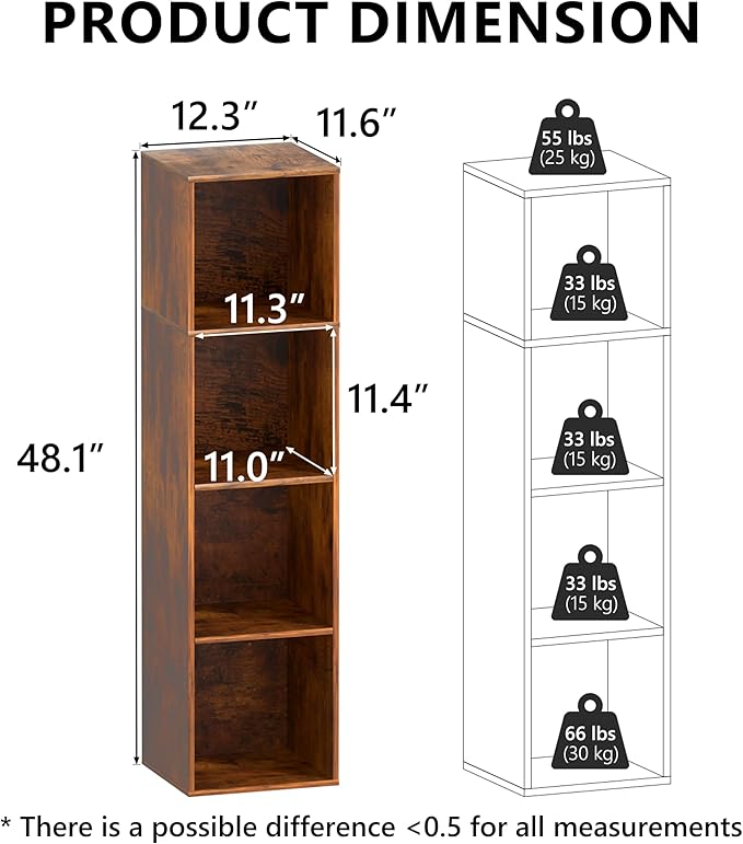 4 Cube Storage Organizer, 4 Tier Cube Bookcase Freestanding Storage Display Organizer for Home Office, Four Cubes Open Shelf Bookshelf(Retro Brown, 4 Cube)