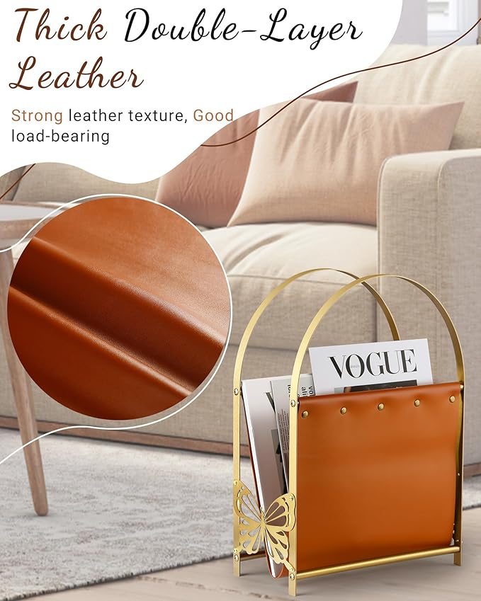 Aocii Magazine Holder, Artificial Leather Magazine Rack Floor with Golden Butterfly Hardware & Antique Brass Buckles, Bathroom Magazine Rack, Magazine Organizer for Floor Standing Home Decor