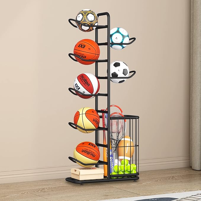 7-Ball Sports Equipment Storage Rack with Ball Holder and Basketball Rack, Athletic Gear Organizer ball Stand - Organize Toys, Sports Gear and More, 57.5" (Black)