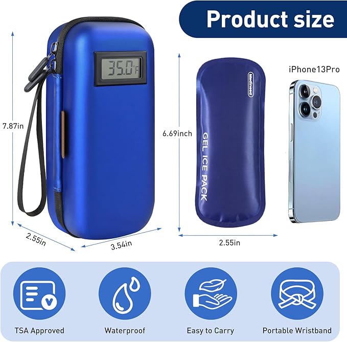 Insulin Cooler Travel Case, Portable Temperature Display Medicine Travel Cooler, Diabetes Case with 2 Reusable Ice Packs TSA Approved for Diabetic Supplies Patent Pending (Blue)