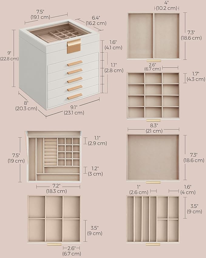 SONGMICS Jewelry Box Organizer with Glass Lid, 6-Layer Jewelry Storage, with 5 Drawers, Modern Style, Christmas Gift, 8 x 9.1 x 9 Inches, Cloud White and Gold Color UJBC176W01