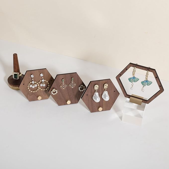 GemeShou 3pcs wooden jewelry earring organizer holder, walnut earring studs stand for boutique store, cute earring display for selling with 6 holes on each【Earring stand-Hexagon-3pcs】