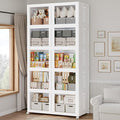 600Qt Stackable Storage Bins with Lid and Wheels, 150Gal Plastic Closet Organizer and Storage Drawer, Large Collapsible Storage Box Cabinet with Clear Door for Home Kitchen Office, 5Pack White