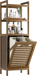HITNET Bamboo Tilt Out Laundry Hamper, Bathroom Storage Cabinet with Hidden Removable Basket and 3 Open Shelves, Space Saving Bamboo Storage for Clothes, Towels and Toys, Walnut