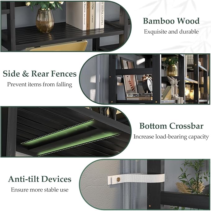 Homykic Bamboo Triple Wide Bookshelves and Bookcases, 6-Tier Shallow Open Bookcase with 17 Display Shelves, 6ft Super Large Freestanding Book Shelf for Home Office, Bedroom, Living Room, Dark Black