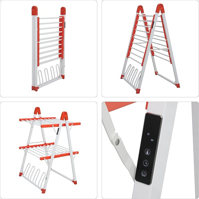 Electric Heated Clothes Drying Rack,Foldable Heated Garment Dryer with Timer Shut-Off Laundry Rack for Clothes Shoes Socks,Aluminum Alloy,Red,Plug & Play,(39.37x25.98x23.82in)