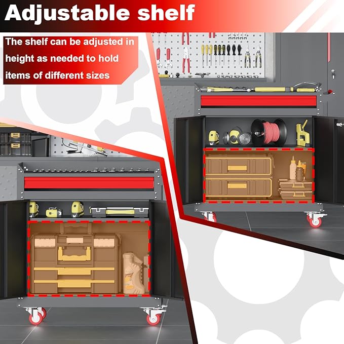Metal Garage Storage Cabinet with Wheels,Lockable Storage Cabinets with Adjustable Shelf,Steel Tool Locker with Pegboard and Handle for Garage,Warehouse