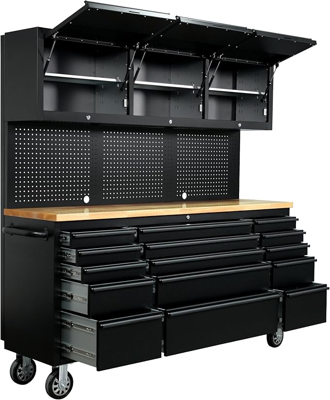 CT Copper Tailor 72-inch Tool Chest Cabinet Rolling Garage Workbench with 15 Storage Drawers and Wheels, 3 Upper Cabinet, Pegboard, Steel Large Tool Box,Matte Black