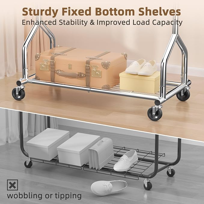 EAGMAK Heavy Duty Clothes Rack Load 424 LBS, Rolling Clothing Rack With Shelves, Adjustable Metal Clothes Hanger with Wheels, Portable Wardrobe Organizer Garment Rod for Hanging Clothes (Silver)