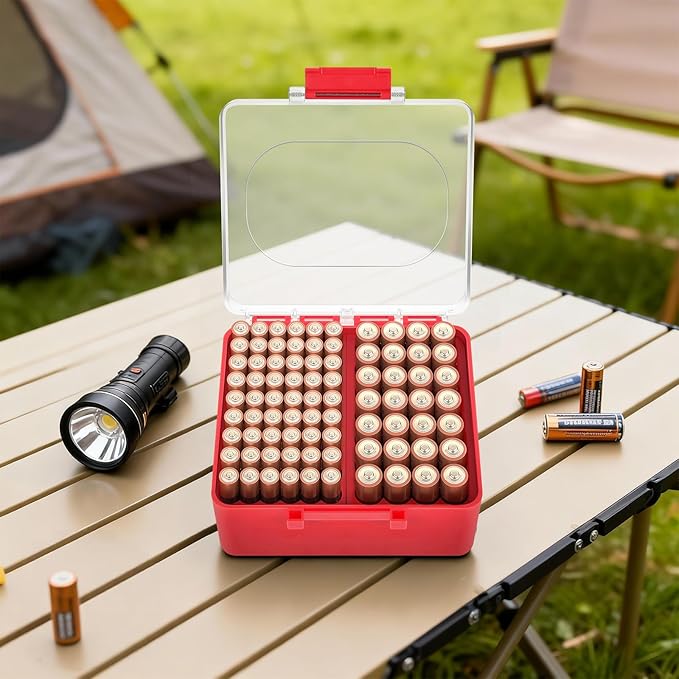 FULLCASE Battery Storage Organizer Box, Holder Container for 82 AA AAA Batteries, Plastic Home Batteries Variety Pack Protective Organization(Case Only) Red