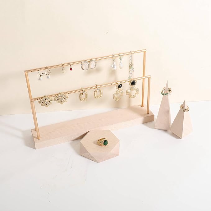 GemeShou wooden earring holder organizer for girls, maple stud earring display stand for boutique store, jewelry storage organizer shelf【maple stand-Two Tiers】