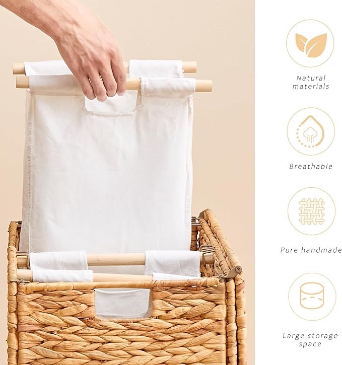Handwoven Large Laundry Hamper with Lid and 2 Removable Liner Bags, Heightened Feet Natural Hyacinth Clothes Hamper,Wicker Laundry Basket for Clothes and Towels