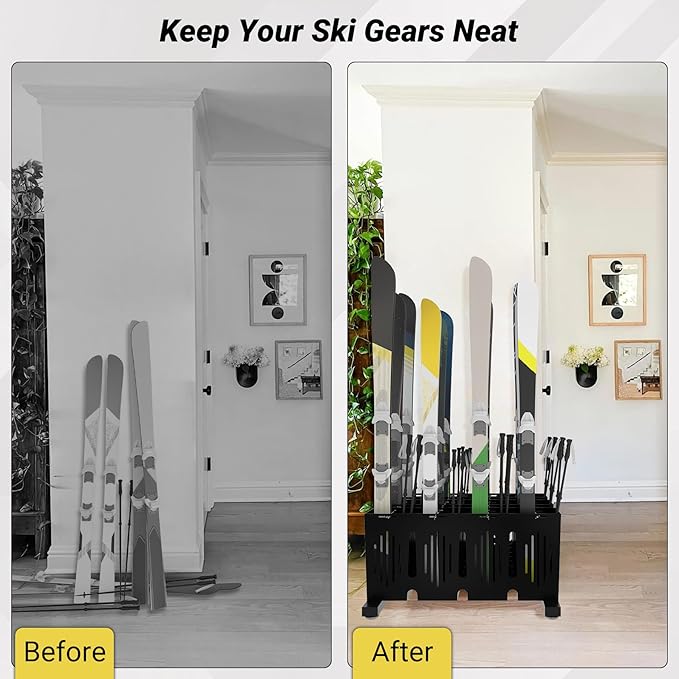 12-Pair Ski Storage Rack w/Width-Adjustable Fixing Bars, Heavy Duty Metal Freestanding Ski Rack - Ideal Organizer for Garage, Home and Store, 26" L ×25.2" W ×13.6" H