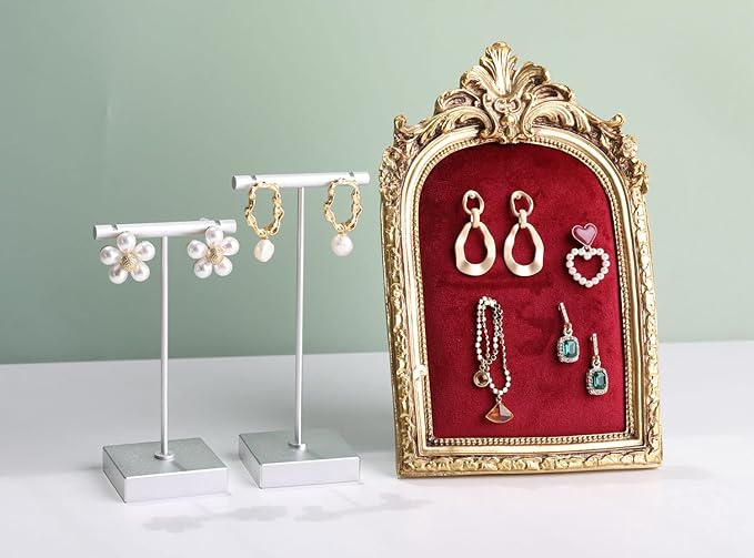 GemeShou 2pcs metal earring holder, Silver T bar earring display stand, mini hangers for earrings Jewelry Photography, earring storage organizer【Silver-Square Base 2pcs Height 4.3 and 5.1 inch】