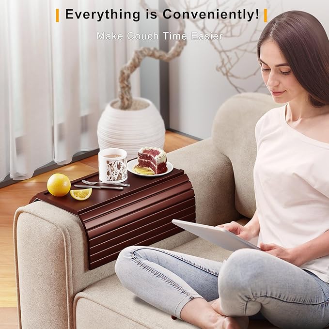 Sofa Armrest Tray Table for Couch - 2-in-1 Foldable Couch Arm Table with Be Slide Detachable Tray - Anti-Slip Sofa Armchair Caddy for Drinks Cup Cellphone TV Remote Snacks (Walnut)