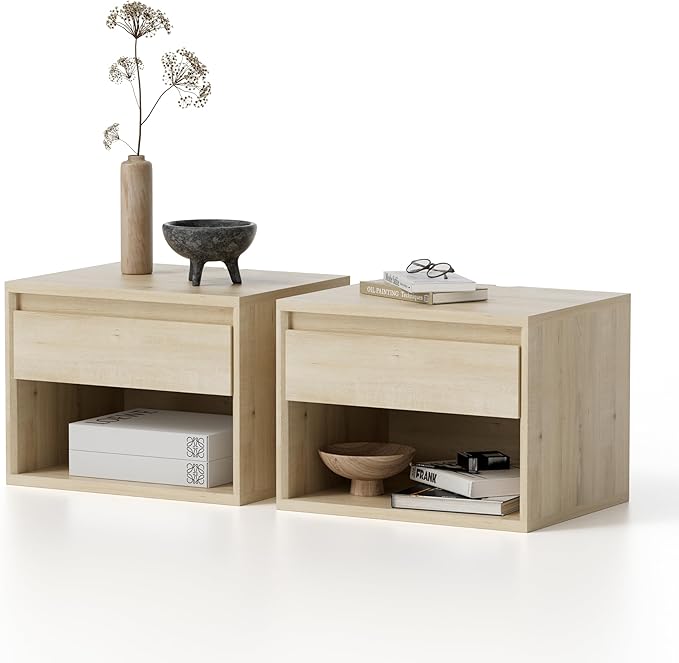 Floating Nightstand Set of 2, Wall Mounted Bedside Table with Storage Drawer and Open Shelf, Modern Night Stand withHandless Design for Living Room, Bedroom, Dorm, Light Oak