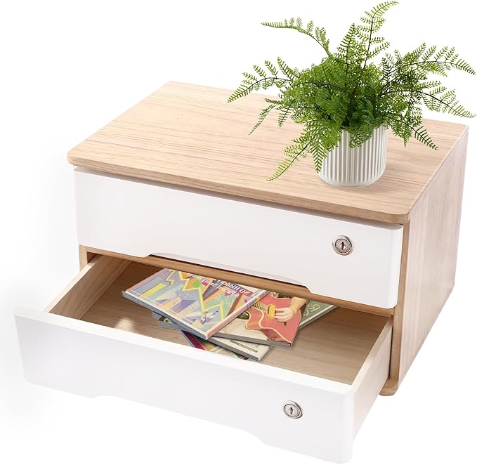 2-Tier Desktop Storage Box with Lockable Drawer, Wooden Desk Organizer for Office Supplies, Flat File Cabinet, Minimalist Design for Home & Office Use(Original Wood+White)