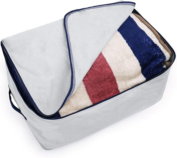 Pack of 2, 100% Natural Canvas Cotton Large Size Storage Bags for Queen/King Size Bedding Sheet, Blankets, Winter Clothes Organizer Containers, Light Gray