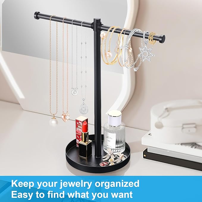 Jewelry Necklace Organizer Stand,12.9" Tall Sturdy Metal Jewelry Stand with Round Tray for Bracelet Bangles Holder Display,Long Necklace Organizer Holder (black)