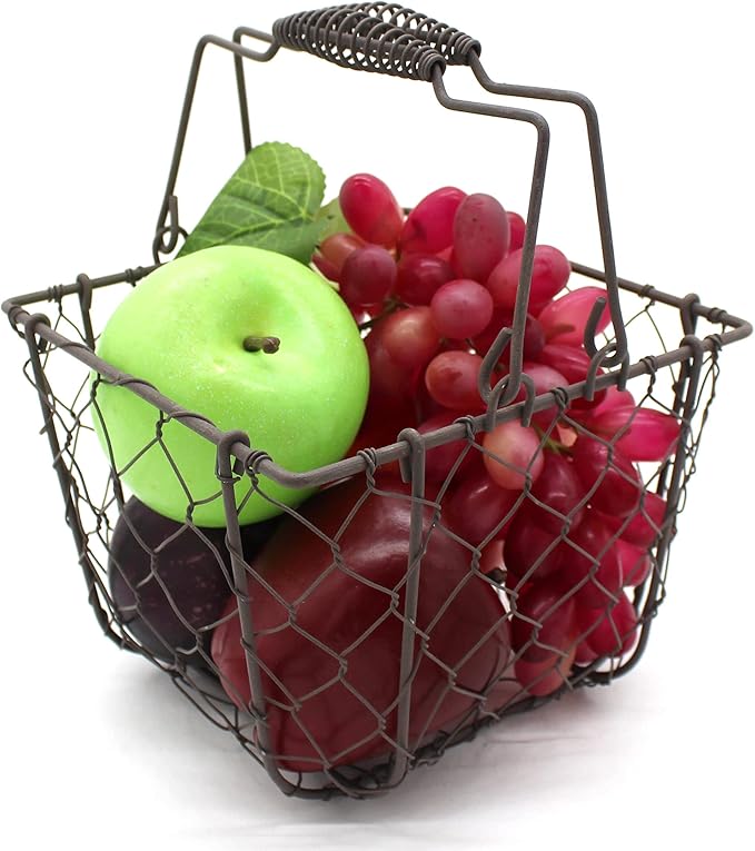 CVHOMEDECO. Square Chicken Wire Egg Basket Fruit Basket with Swing Handles Primitives Vintage Gathering Basket. Rusty