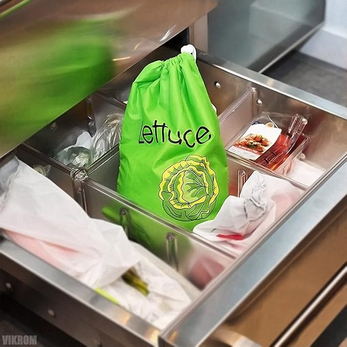 Lettuce Keeper for Refrigerator – 3-Layer Reusable Produce Storage Bags with Foil Lining and Drawstring | Breathable, Washable, Sturdy & Easy to Use | Great for Lettuce, Leafy Greens, Fruits & Veggies