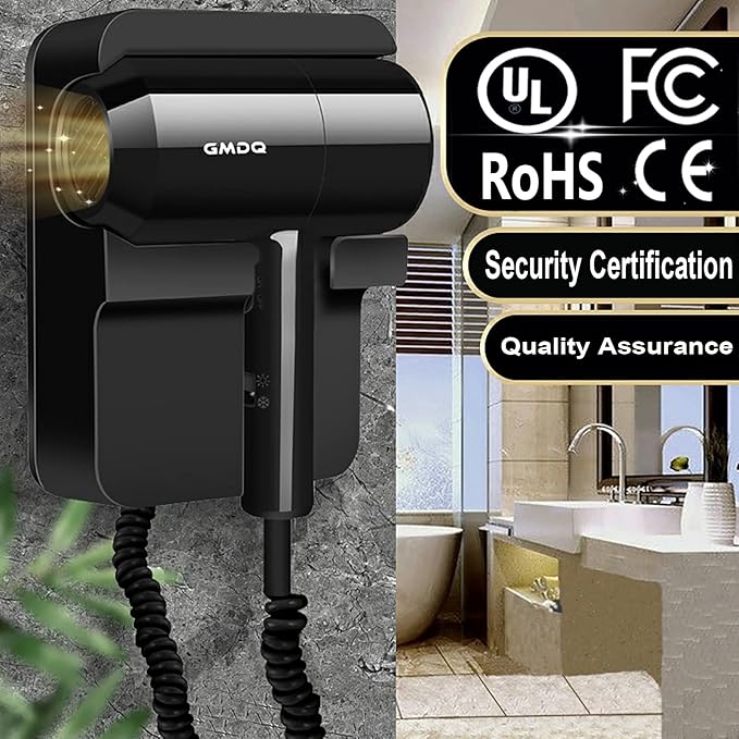 Hotel Wall Mounted Hair Dryer for Bathroom,Restroom Professional Blow Dryer,with Stand Rack,Specialised Motor for Salon,Fast Drying - Gifts【Massage Comb, Screws+ Adhesive】 110V