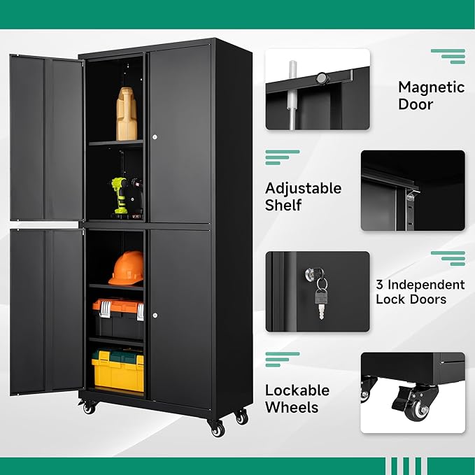 Letaya Metal Garage Storage Cabinet with Wheels,Steel Tool Rolling Cabinets with Lock Door and Adjustable Shelves fro Home Utility Organization Room(1PC-Black)