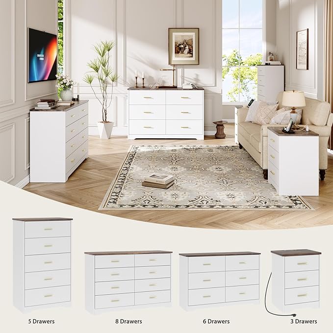 LIDYUK Dresser for Bedroom, Wood Dresser with 6 Drawers, Modern Minimalist Style Dressers & Chests of Drawers, 48 Inches Wide Chest of Drawers for Bedroom, Hallway, Living Room, White