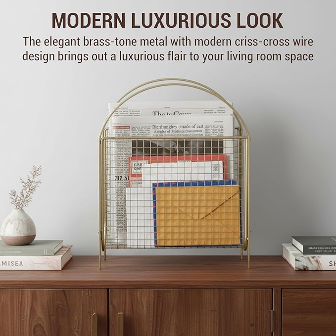 MyGift Mid-Century Design Magazine Rack, Matte Black Tone Metal Mesh Freestanding Magazine Organizer Holder Sling (Brass)
