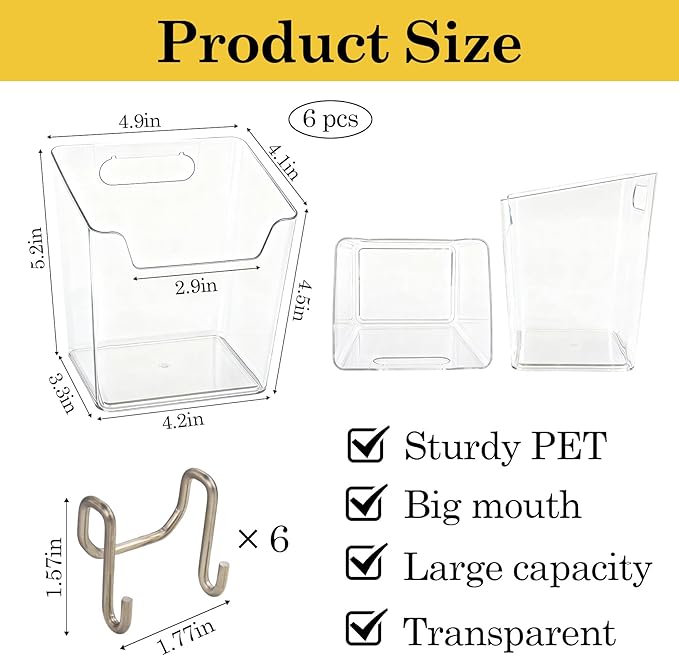 Klmnop 6 Pack Large Grid Wall Bins with Hooks, Clear Gridwall Cups Storage & Organizer for Wall Grid Panels, Garage, Kitchen, Office Tools Shelves Accessories(Clear)