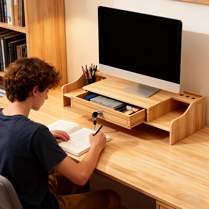 Monitor Stand Riser - Desktop Organizer with Drawer Organization, Durable Design with Multi-Use Function, Computer Monitor Riser for Laptop, Printer, TV, Storage, Dorm, 19.21 Inch