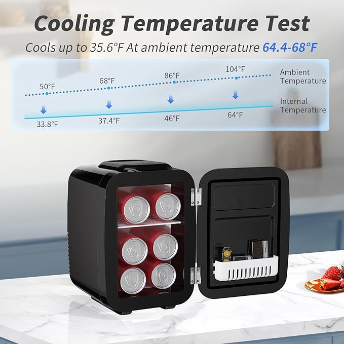 Mini Fridge, 4 Liter/6 Cans Small Refrigerator for Skincare, 110V AC/ 12V DC Thermoelectric Cooler and Warmer for Bedroom, Office, Dorm, Car, Black