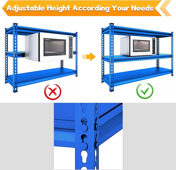 48" W Garage Shelving Heavy Duty, 1500LBS Loads Adjustable Garage Storage Shelves, 3-Tier Metal Shelving Units and Storage Racks, Industrial Utility Shelf,48" Wx18 Dx39 H, Blue