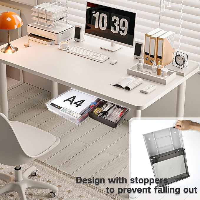 OSPNIEEK Self-adhesive Under Desk Drawer Organizer, 2 Pack Table Hidden Slide Out Large Storage Mounted Desktop Pencil Holder Tray Drawers for Office Home School Stationery Kitchen (XL+L, Black)